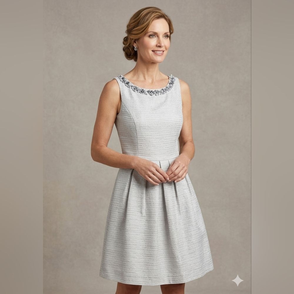 Tahari Silver Textured Dress with Pearl Embellishments